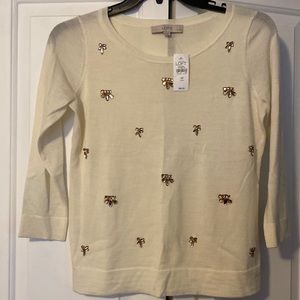 Loft, Medium Petite cream color sweater with light pink rhinestones.